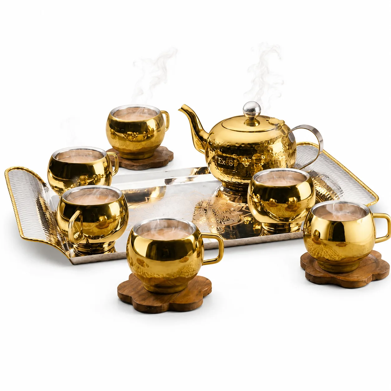 EXPO Luxury Gold Finish Stainless Steel Tea Set with 6 Cups & Tray