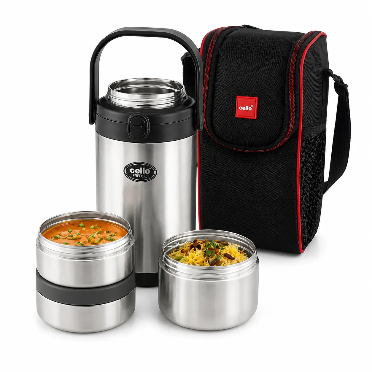 CELLO Fredo Stainless Steel Double Walled Lunch Box with 3 Containers