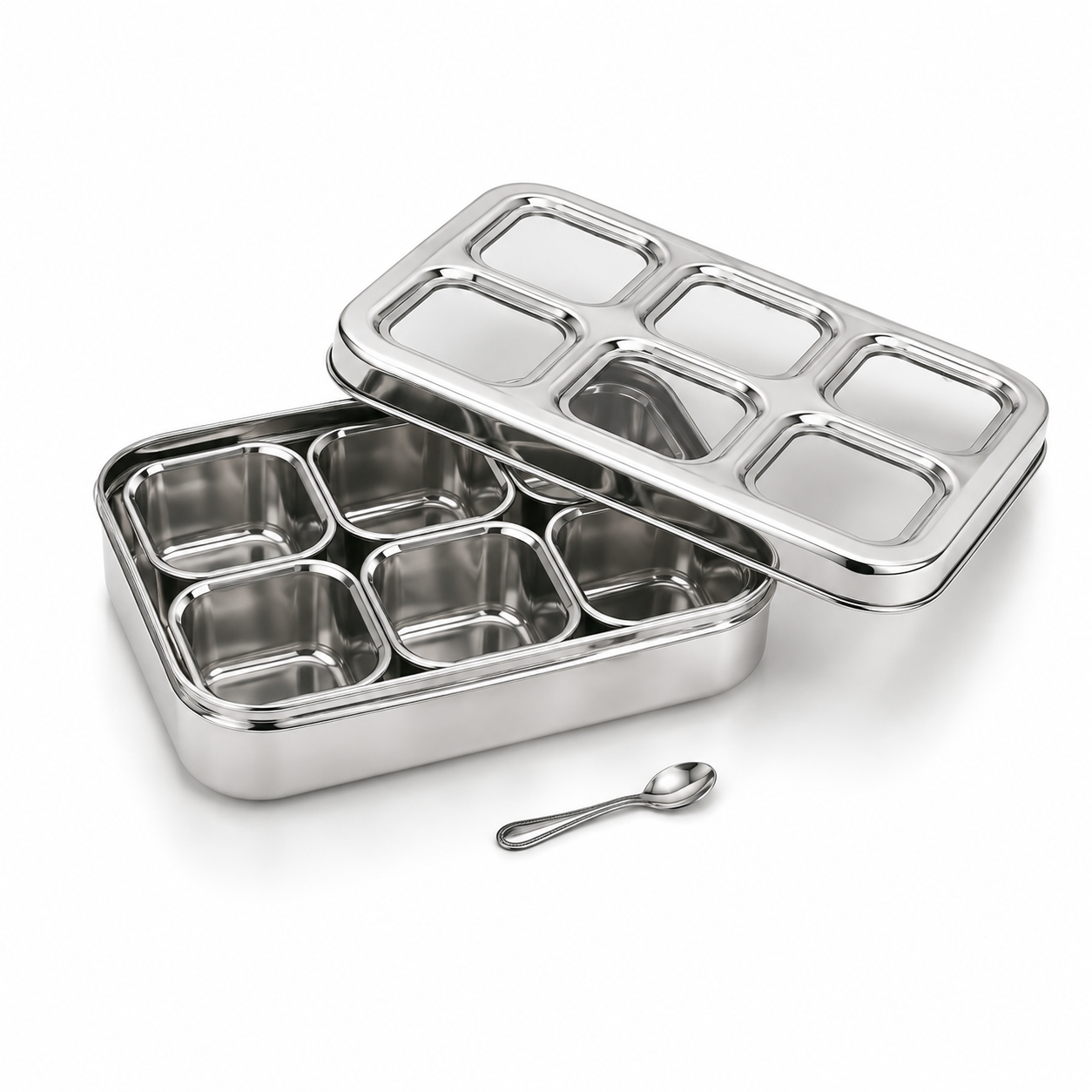 Avias 6-Square Stainless Steel Spice Box | Design Masala Dabba | Dry Fruit Box | See-Through Lid