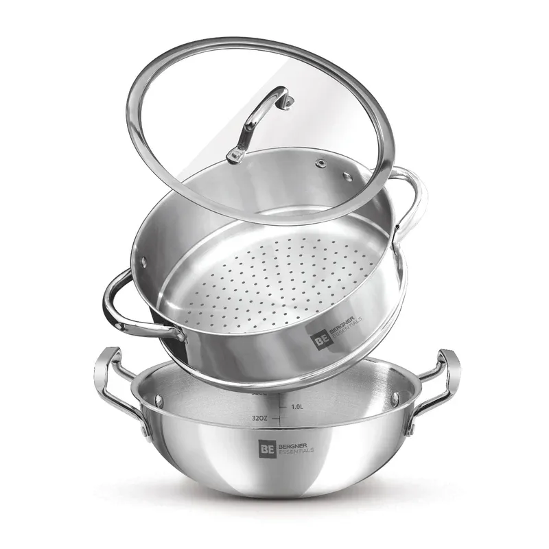 Bergner Essentials Tri-Ply Stainless Steel | Steamer kadai 3 Pcs