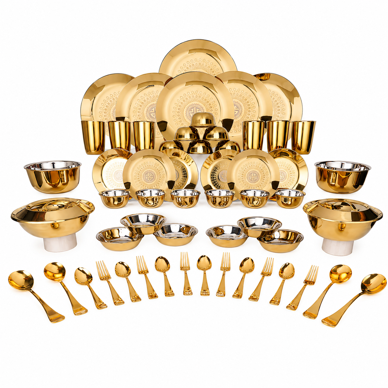 Stainless Steel 64 PCS Dinner Set (6 People) with Gold PVD Coating and Laser Signature - Shiny