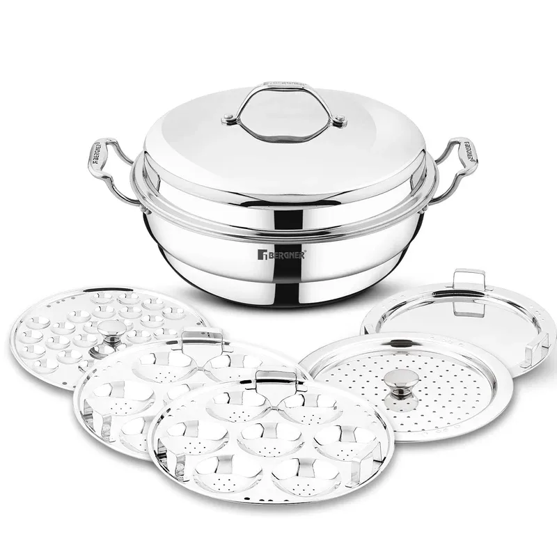 BERGNER Argent Triply Stainless Steel Multi Kadai with Steaming Accessories 6L | 26CM