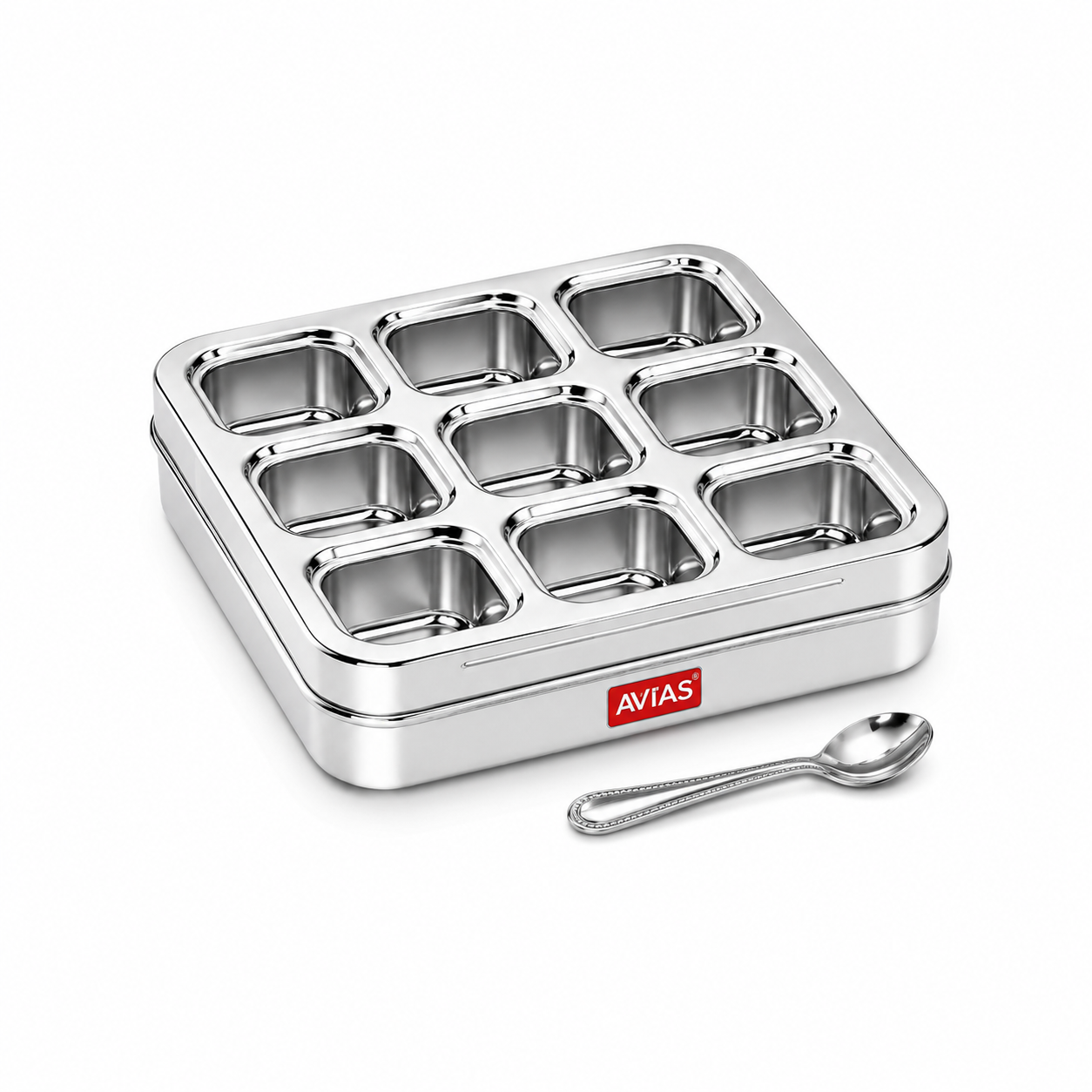 Avias 9-Square Stainless Steel Spice Box | Design Masala Dabba | 9 Compartments