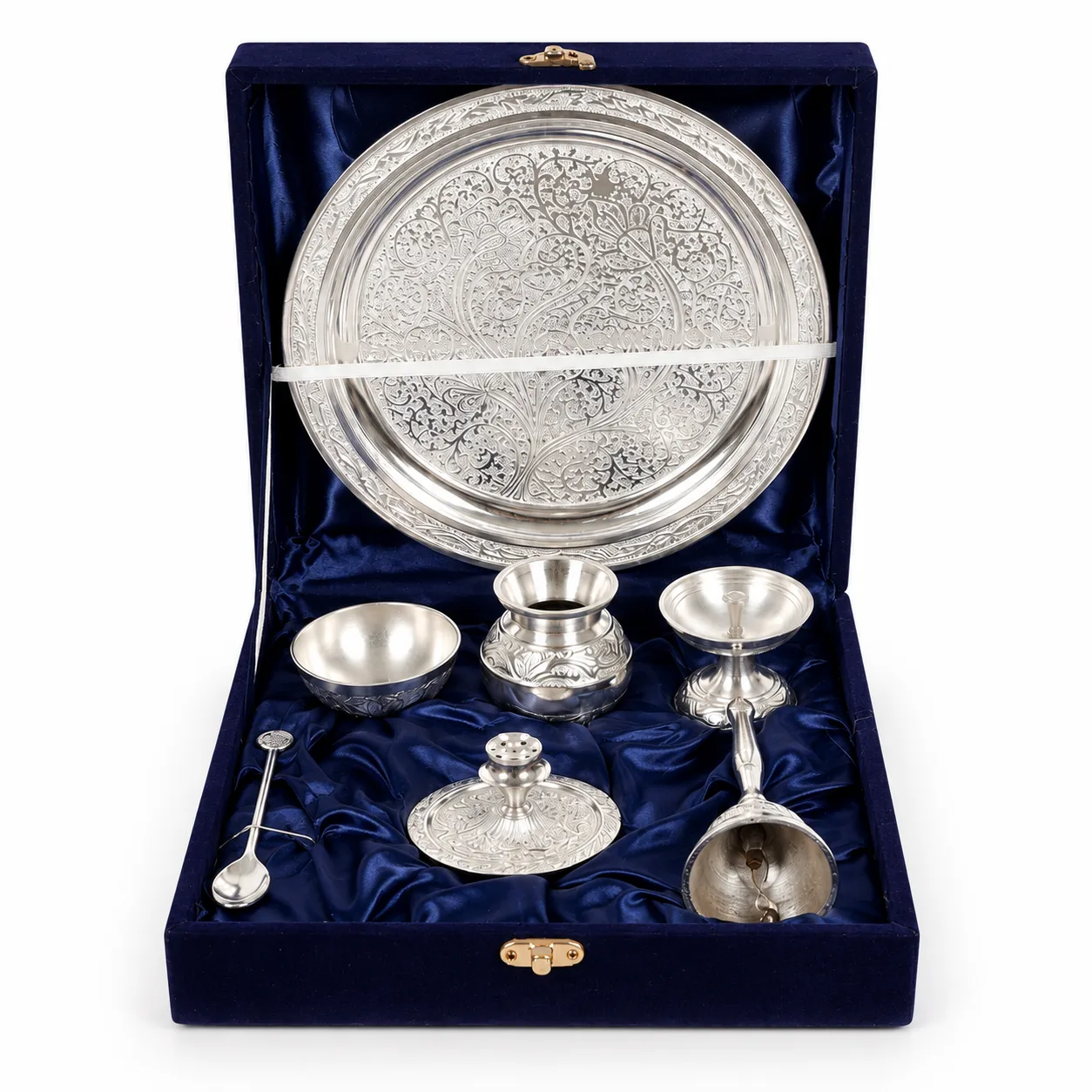 Silver Plated Pooja Thali Gift Set with Velvet Box