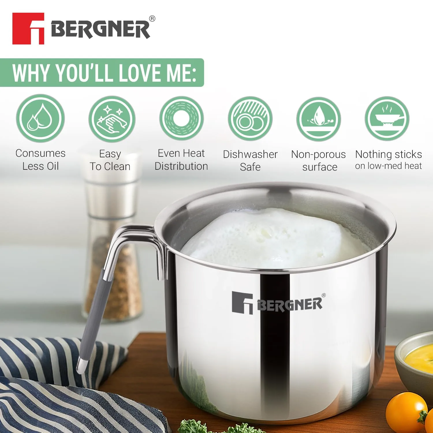 Bergner Argent Triply Stainless Steel Milk Boiler with Glass Lid — image 3