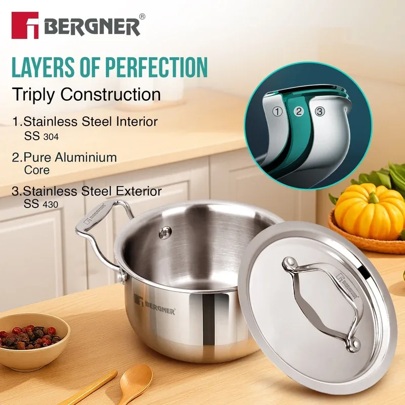 BERGNER Argent Triply Stainless Steel Casserole with Stainless Steel Lid — image 4