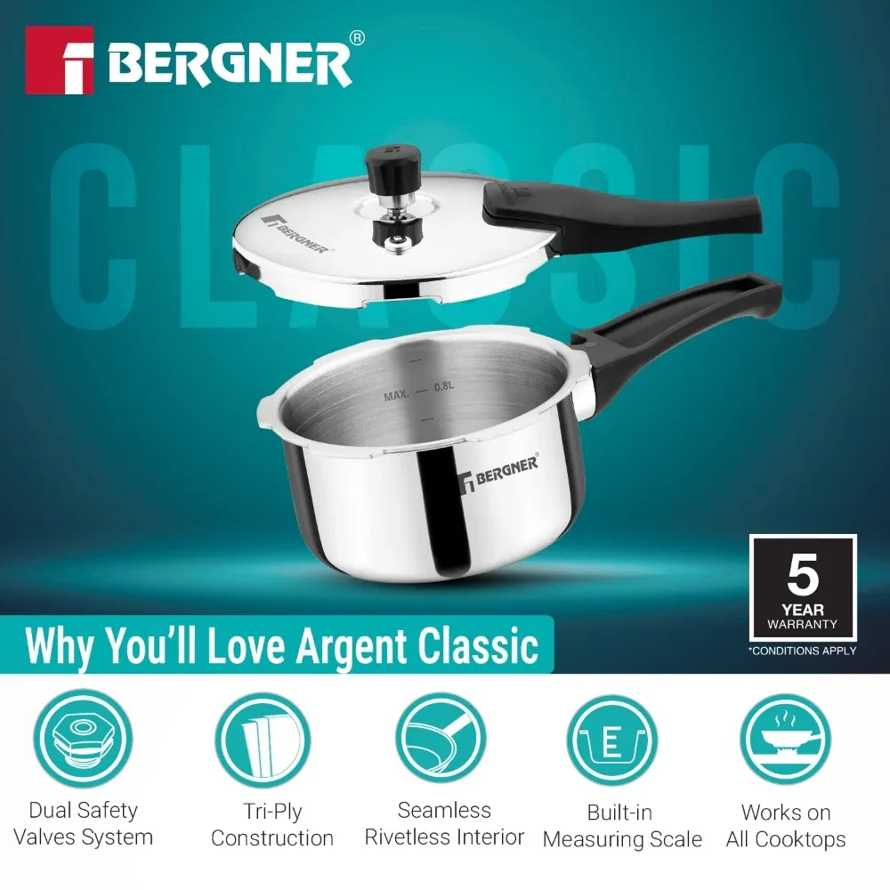 Bergner Argent Classic Triply Pressure Cooker Stainless Steel Outer Lid Cooker — image 5
